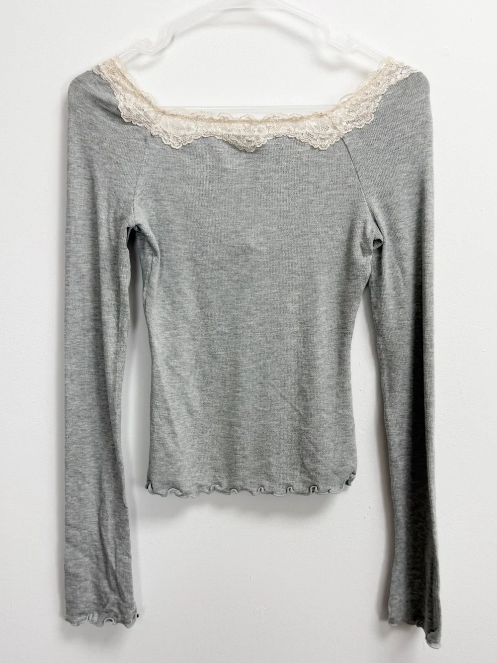 Free People Shirt Womens Small Gray Oh My Darling Long Sleeve Top Lace Trim NWT